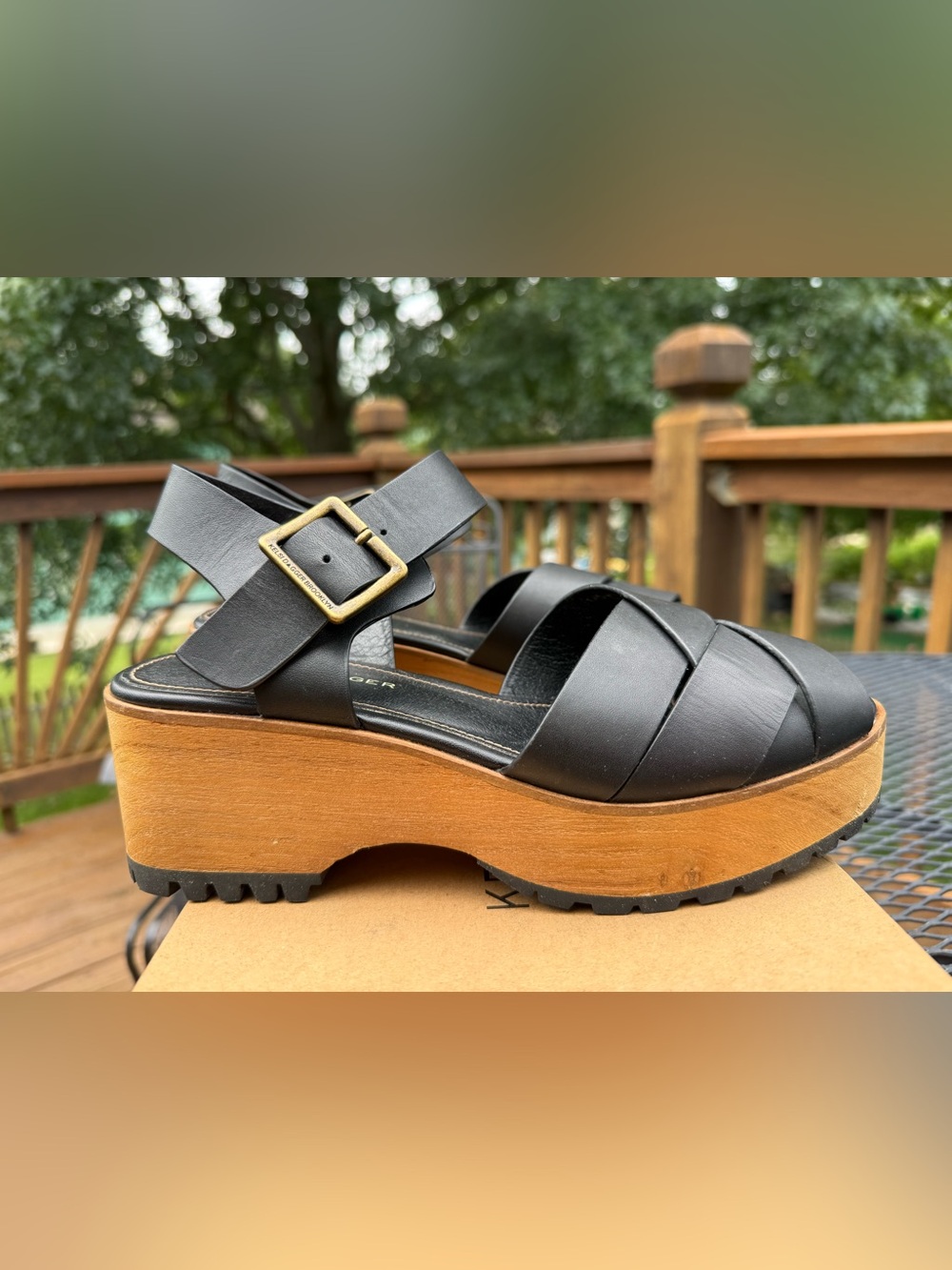 Kelsi Dagger Black Leather Platform Sandal with Buckle